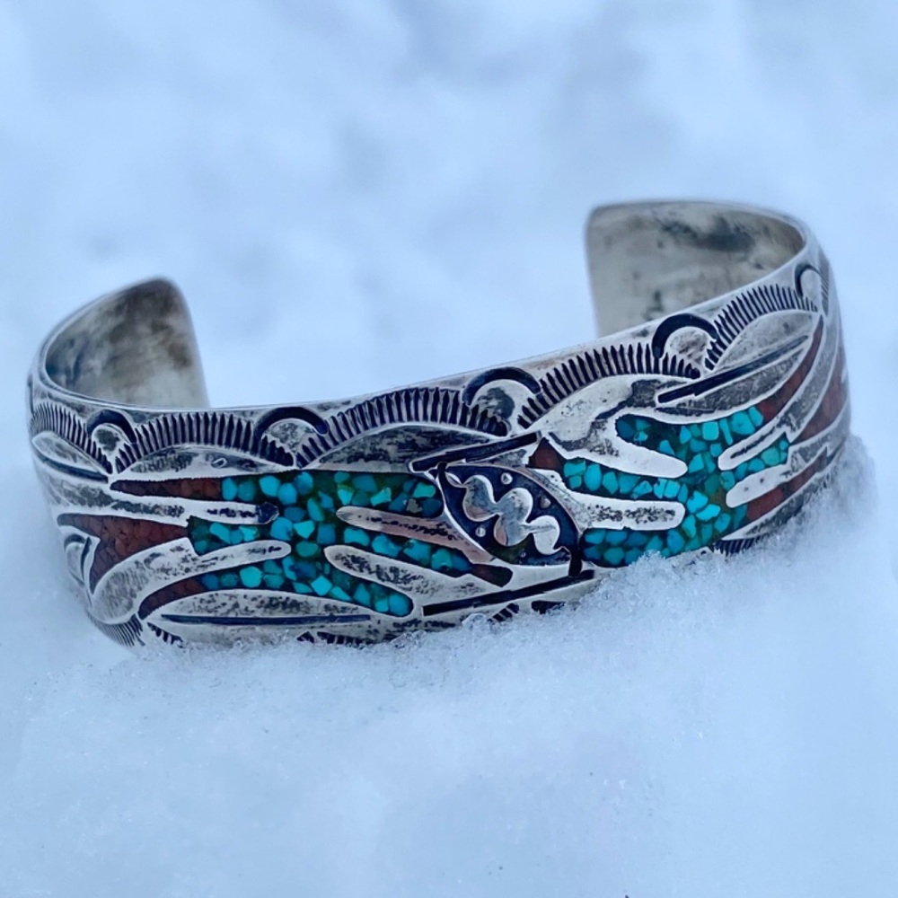 SIGNED-Delvin J Nelson Navajo Turquoise Coral Inlay Sterling Silver Bracelet